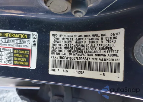2007 Honda Civic Lx from USA, damaged, VIN 1HGFA16507L095847